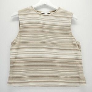 St. John Womens Sleeveless Striped Knit Shell Top Beige Tan Crew Neck Small‎ USA